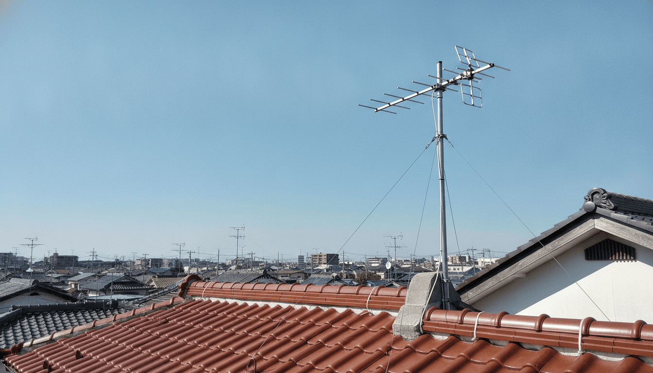 青空の下、住宅の瓦屋根の上に立つ地デジ用の八木式アンテナと住宅街の遠景